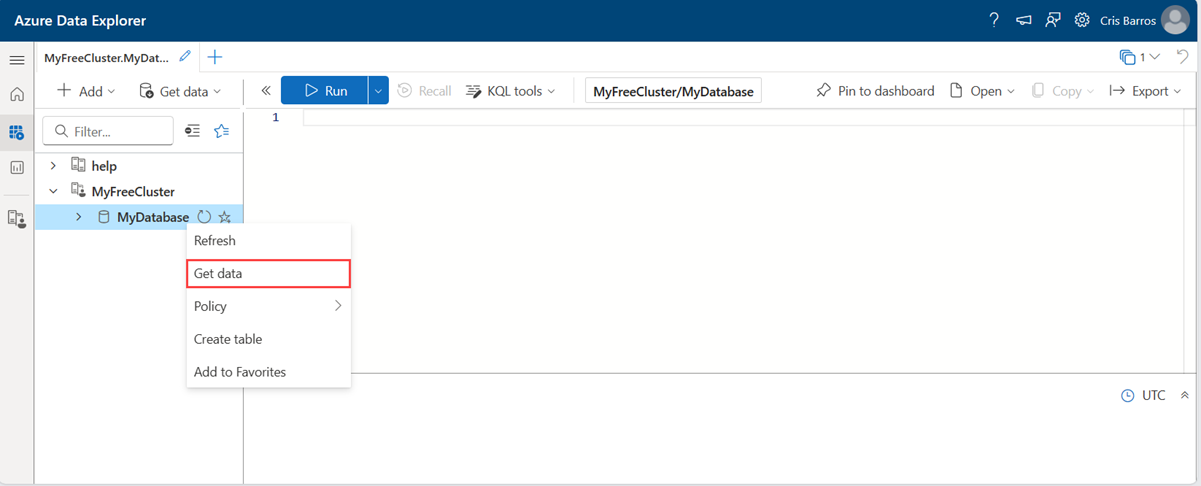 “查询”选项卡的屏幕截图,在其中右键单击数据库即可打开“获取选项”对话框。