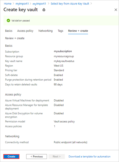 显示使用自定义设置创建 Azure Key Vault 的屏幕截图。