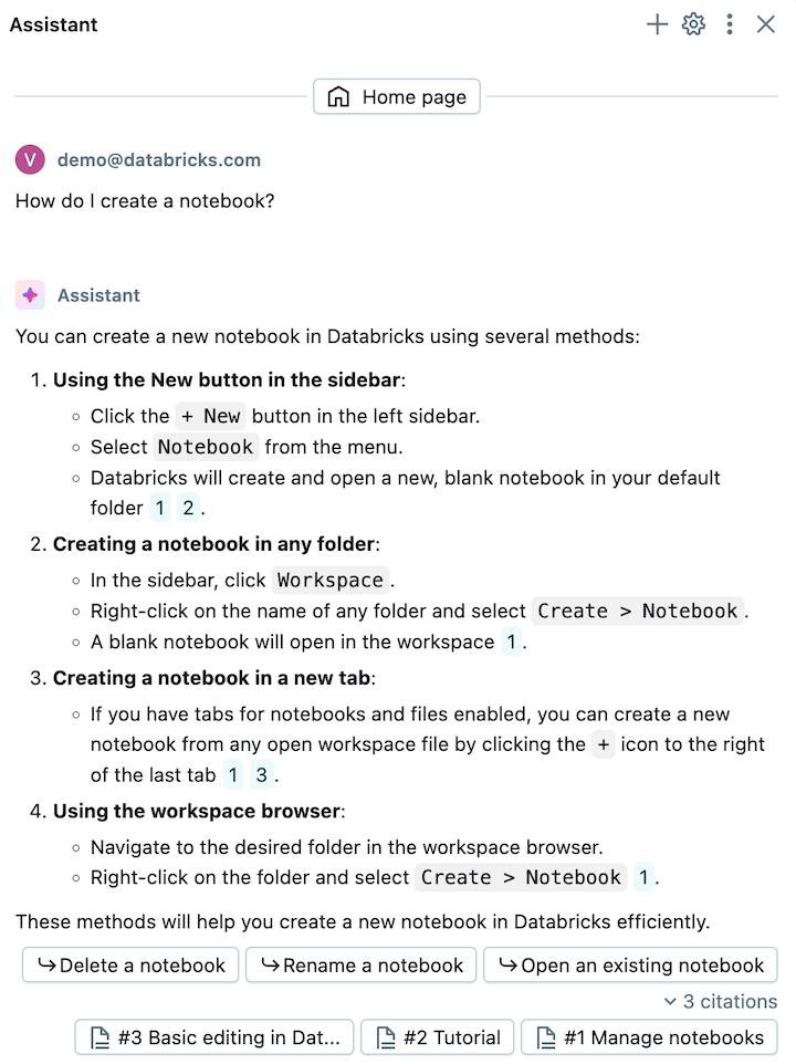 Databricks Assistant 的文档引文和后续建议。
