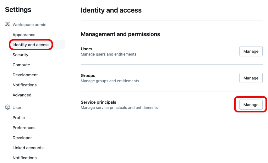 Databricks 工作区设置中的标识和访问屏幕
