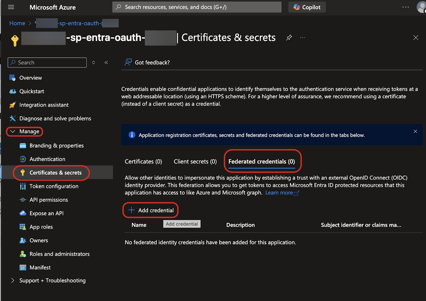 Microsoft Entra 门户中的“证书和机密”窗格