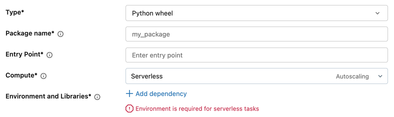显示“添加依赖项”链接的 Python wheel 任务的环境和库部分