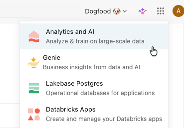 其中显示“Lakehouse”选项的应用切换器已更新为“Analytics and AI”。