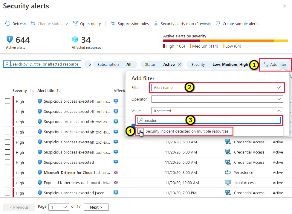 在 Microsoft Defender for Cloud 的安全警报页上查找事件。