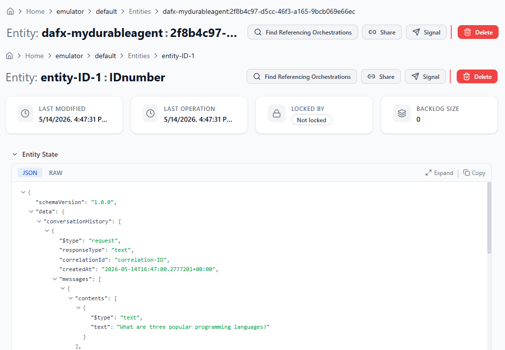 Durable Task Scheduler 仪表板中正在跟踪的单个实体的截图。