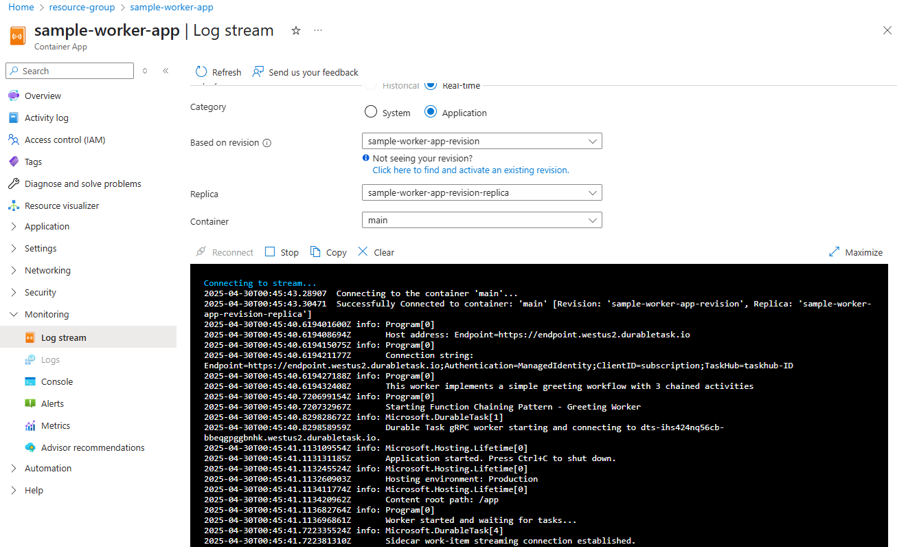 Azure 门户中工作容器日志流的截图。