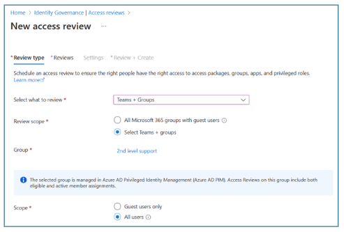Screenshot of the New access review dialog, the Review type tab.