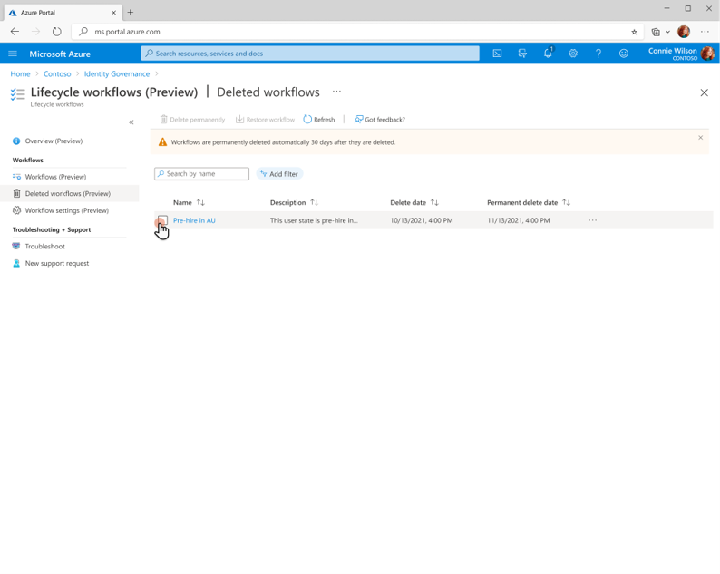 已删除工作流列表的屏幕截图。