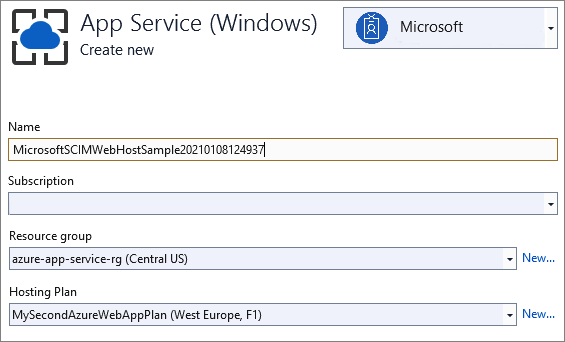 显示创建新应用服务的屏幕截图。