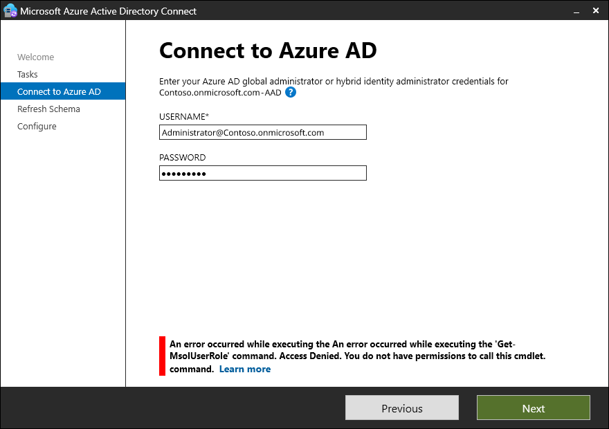 屏幕截图显示 Microsoft Entra Connect 同步向导中的 MSOnline PowerShell 错误。