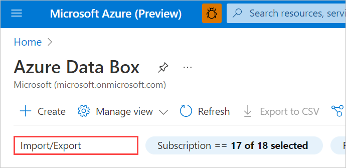 屏幕截图显示如何在 Azure 门户中筛选 Data Box 资源以显示导入/导出作业。突出显示了搜索框。