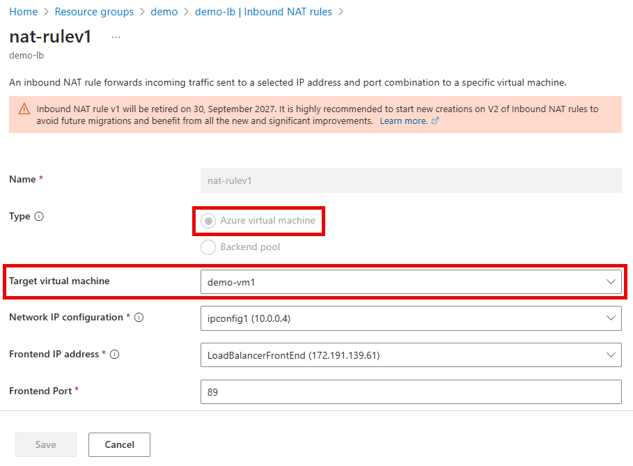 Azure 门户中 NAT 规则版本 1 配置的屏幕截图。