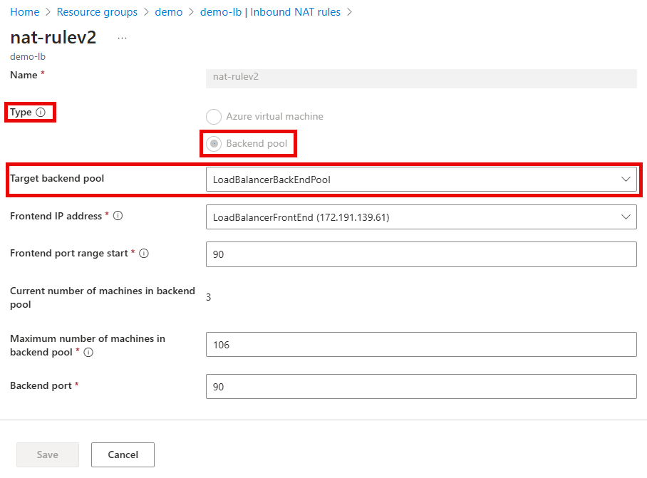 Azure 门户中 NAT 规则版本 2 配置的屏幕截图。