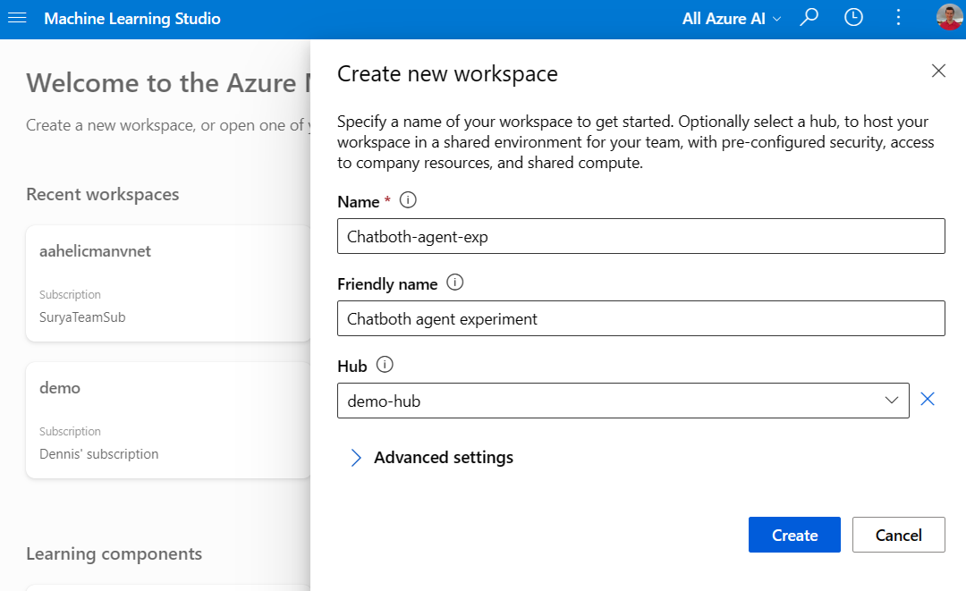 Azure Machine Learning Studio 中创建工作区中心的屏幕截图。