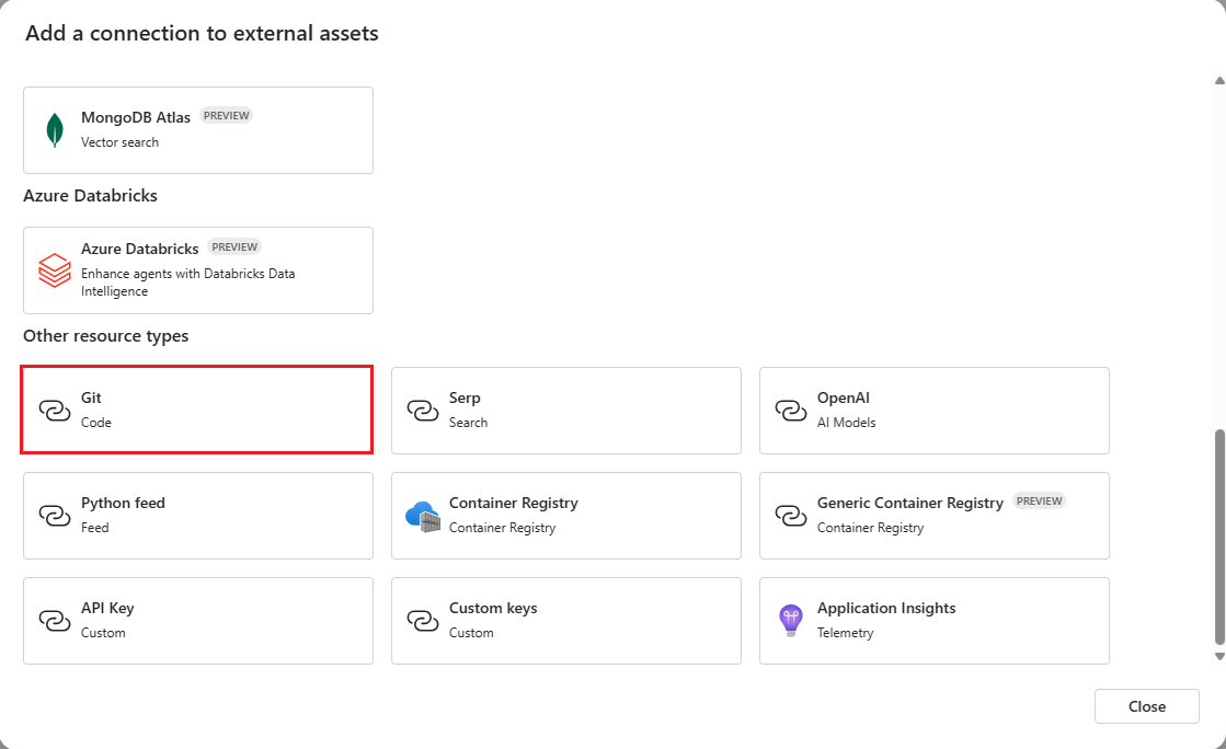 屏幕截图突出显示了在 Azure 机器学习工作室 UI 中连接到 Git 存储库的选项。