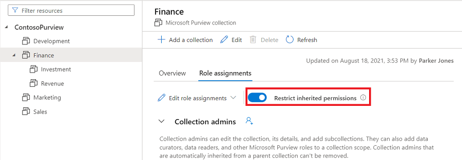 Microsoft Purview 治理门户集合窗口的屏幕截图，其中选择了“角色分配”选项卡，并突出显示了“取消限制继承权限”滑块按钮。
