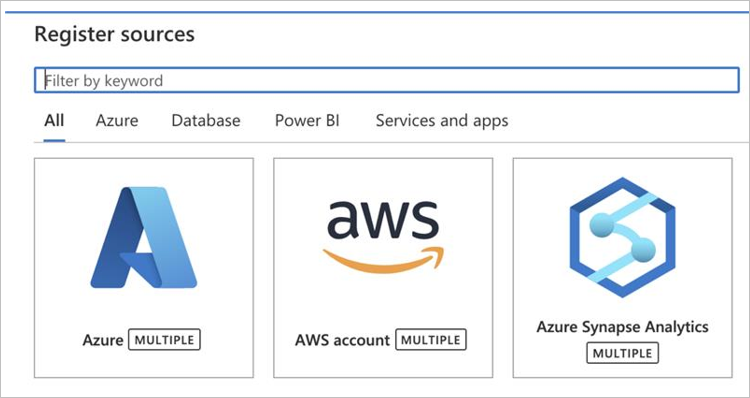 Microsoft Purview 中一系列源的屏幕截图，其中包括 Azure Synapse Analytics。