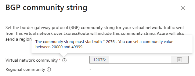 虚拟网络 BGP 社区字符串配置的截图，显示支持的值范围。