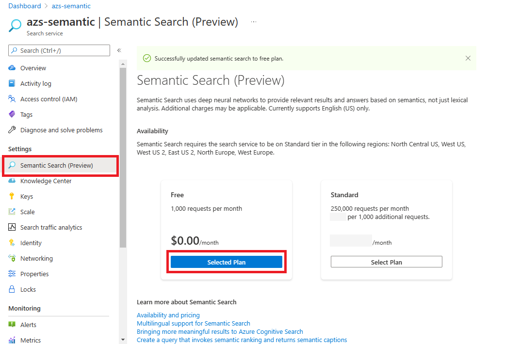 Screenshot of enabling semantic ranking in the Azure portal.
