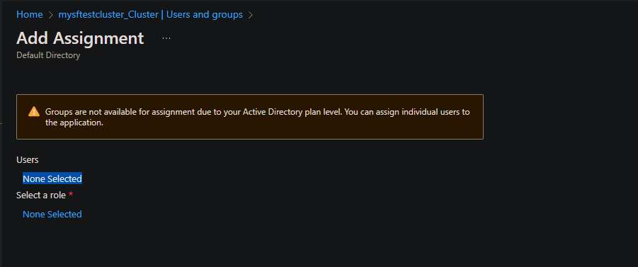 屏幕截图显示用于添加分配的窗格，其中未选择任何用户用户。