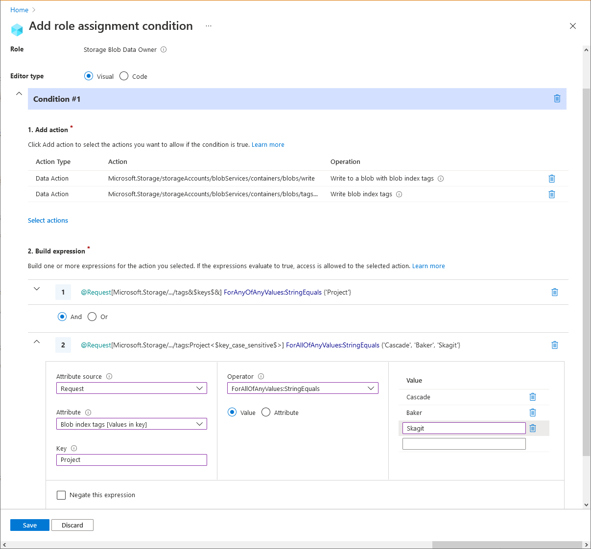 Azure 门户中条件编辑器的屏幕截图，显示了现有 blob 必须具有 blob 标记键和值。