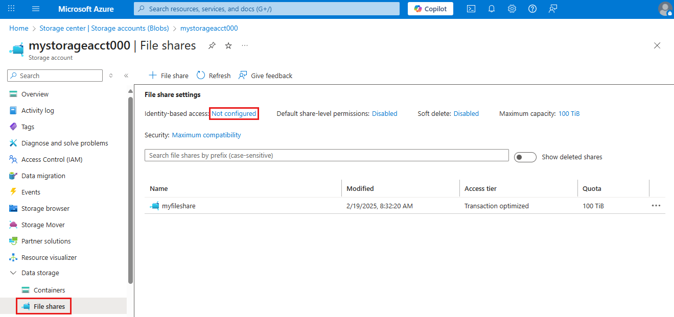 Azure 门户的屏幕截图,其中显示了存储帐户的文件共享设置。
