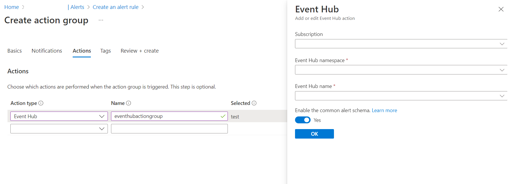 显示如何在满足警报规则条件时创建操作组并指定操作类型的屏幕截图。