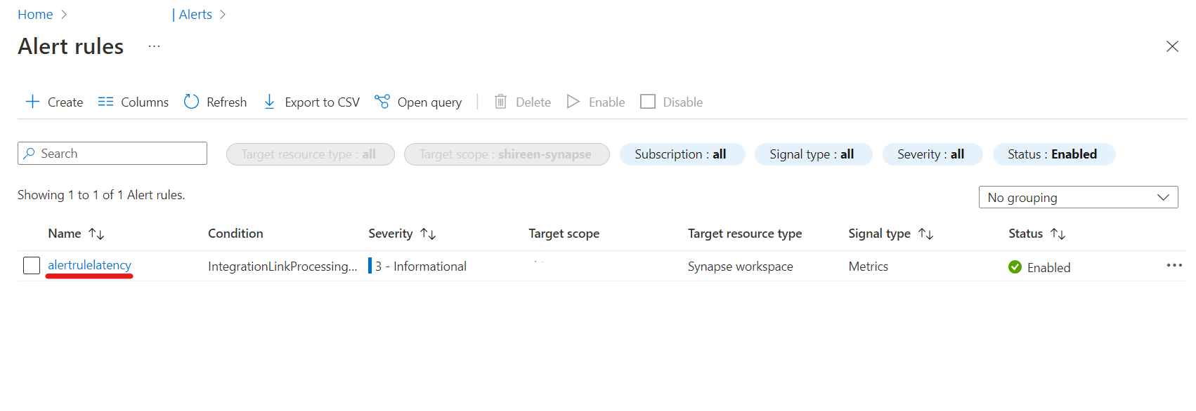 显示已创建的所有警报规则（包括刚刚创建的警报规则）的屏幕截图。