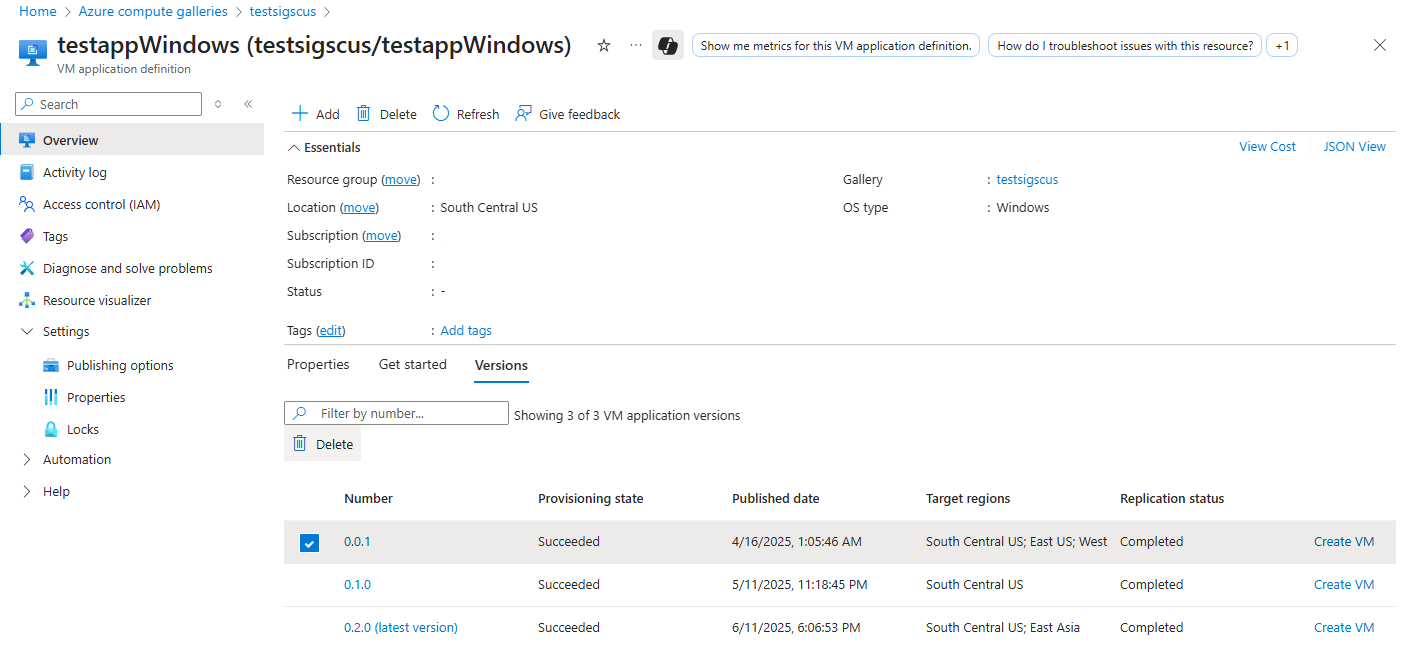 显示在 Azure 门户中删除 VM 应用程序及其版本的屏幕截图。
