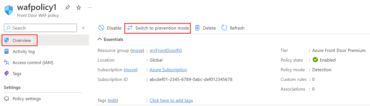 显示 Azure Front Door WAF 策略的“概述”页的屏幕截图，其中显示了如何切换到预防模式。